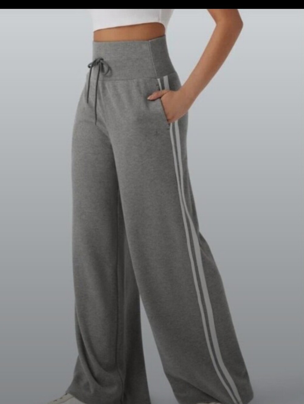 HALARA Ribbed High Waisted Wide Leg Striped Pants Gray Petite Large